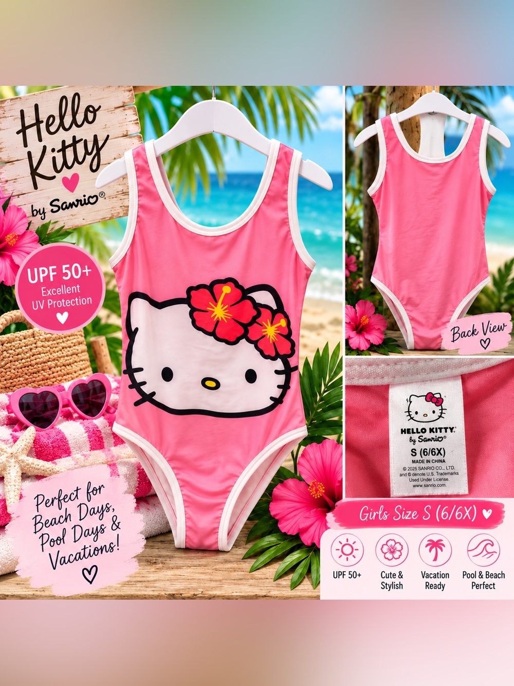 Hello Kitty Sanrio Girls S(6/6X) Pink Hawaiian One Piece Swimsuit UPF 50+